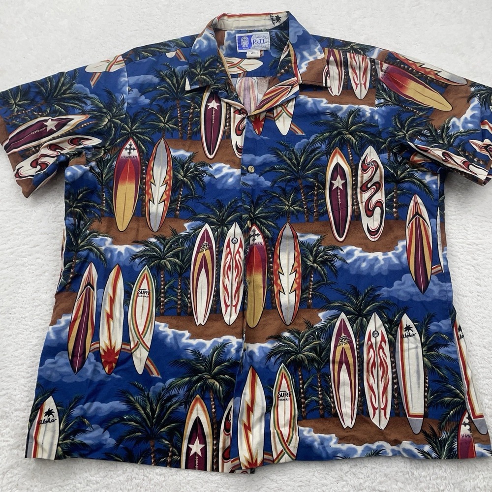 RJC Shirt Mens XL Hawaiian Aloha Surf Boards Made in USA Button Front Cotton